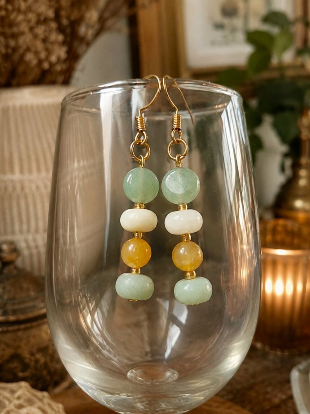 Green Aventurine & Amazonite Earrings – Boho Dangle Earrings, Handmade Gemstone